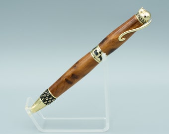 Cat Themed Ballpoint Pen | Thuya Burl Hardwood with Gold Fittings | Handmade Wooden Twist Pen | Handcrafted Wood Pen