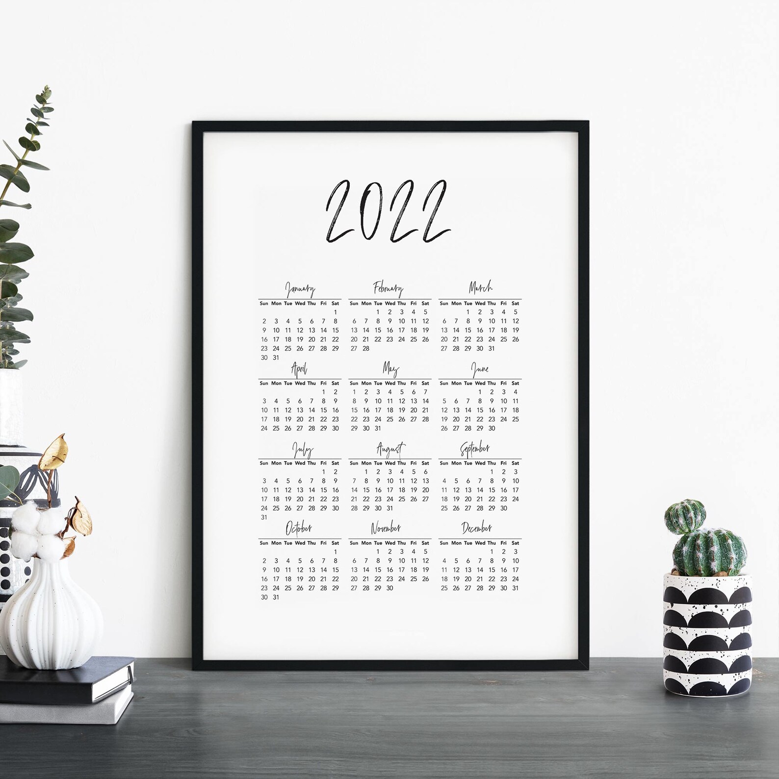 2022 Kalender Schwarz Weiß Text Poster Druck Wandkunst A4