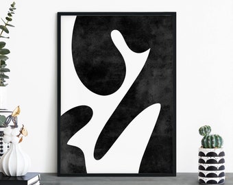 Op de afbeelding: Zwart-witte abstracte kunstprint met een textuur achtergrond. De print heeft een grote, organische vorm in het midden, omringd door kleinere vormen.