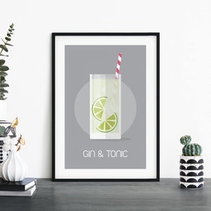 Arte de pared de impresión ilustrativa de cóctel Gin & Tonic / 4x6 5x7 A4 A3 A2 A1