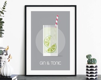 Gin & Tonic Cocktail Illustrative Print Wall Art | 4x6 5x7 A4 A3 A2 A1