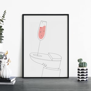 Impresión ilustrativa de arte de pared con cóctel de champán en un zapato / 4x6 5x7 A4 A3 A2 A1