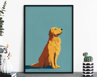 Teal Retriever, Colorful Cartoon Golden Retriever Dog Print Wall Art | A4 A3 A2 A1