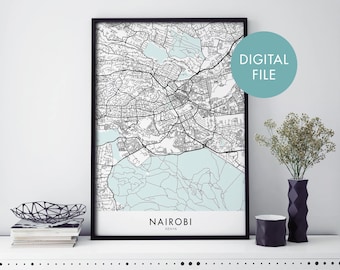 Nairobi, Kenya stadskarta väggkonst | Skriv ut hemma | Digital nedladdningsfil