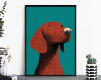 Teal Hound, Colorful Cartoon Dog Print Wall Art | A4 A3 A2 A1
