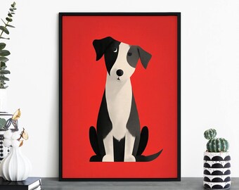 Red Patch Pup, Colorful Cartoon Black & White Dog Print Wall Art | A4 A3 A2 A1