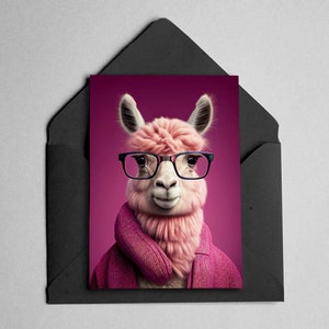 Animal Greeting Card - Pink Hipster Alpaca