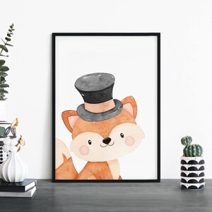 Zorro en un sombrero de copa Animal Acuarela Niños Niños Impresión de pared Arte / 4x6 5x7 A4 A3 A2 A1