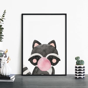 Bubblegum Raccoon Animal Acuarela Kids Children's Print Wall Art / 4x6 5x7 A4 A3 A2 A1