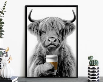 Coffee Cup Cow, Highland Cow Print Wall Art | A4 A3 A2 A1