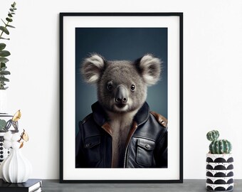 May include: A koala wearing a brown leather jacket with a zipper and pockets. The koala has gray fur and a black nose. The background is a dark blue.