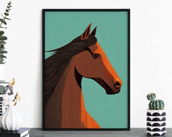 Aqua Mare, Colorful Cartoon Brown Horse Print Wall Art | A4 A3 A2 A1