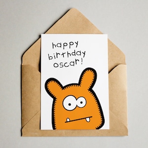 Personalized Children's Orange Monster Birthday Card - "Happy Birthday *Name*"