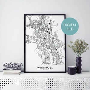 May include: Black and white printable map of Windhoek, Namibia, in a black frame. The text "DIGITAL FILE" is in a light blue circle in the top right corner of the image.