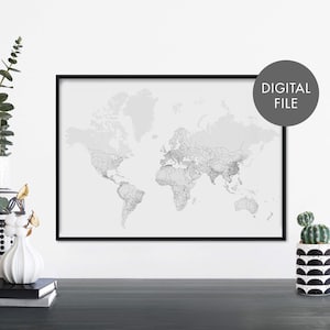 Grijze Wereldkaart Print Kunst aan de muur | Afdrukken Thuis | Digitaal downloadbestand