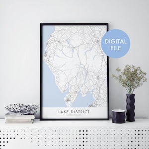 Lake District, Inglaterra Mapa de la ciudad del Reino Unido Print Wall Art / Print At Home / Digital Download File