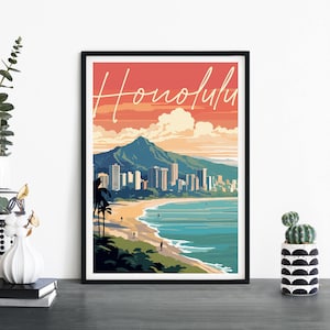 Honolulu, Hawái / Arte ilustrativo de pared con impresión de viajes / 4x6 5x7 A4 A3 A2 A1