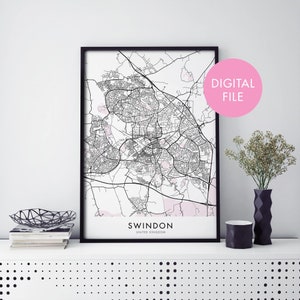 Swindon, Inglaterra, Reino Unido, Mapa de la ciudad del Reino Unido Print Wall Art / Print At Home / Digital Download File