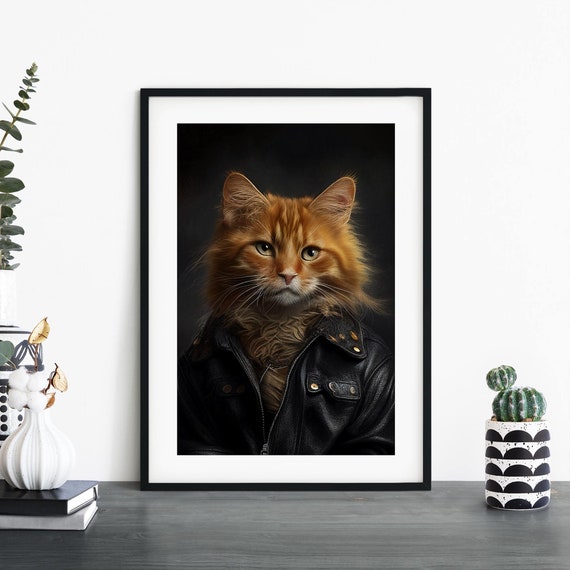 Cat in a Leather Jacket Print Wall Art A4 A3 A2 A1 Etsy