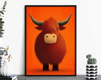 Amber Highland Cow, Colorful Cartoon Highland Cow Print Wall Art | A4 A3 A2 A1
