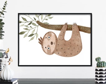 Hanging Sloth Poster Print Wall Art | Childrens Kids Boys Girls Nursery Bedroom | A4 A3 A2 A1