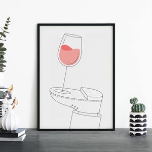 Impresión ilustrativa de arte de pared con cóctel de vino en un zapato / 4x6 5x7 A4 A3 A2 A1