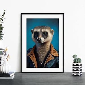 Puede incluir: Un retrato de un suricato con una chaqueta de cuero azul con detalles marrones. El suricato tiene una expresión seria y mira directamente al espectador. El fondo es de un color azul sólido.