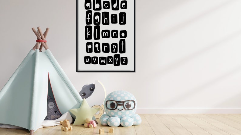 Alphabet Black & White Text Poster Print Wall Art Childrens Kids Boys Girls Nursery Bedroom A4 A3 A2 A1 image 2