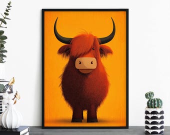 Golden Highland Cow, Colorful Cartoon Highland Cow Print Wall Art | A4 A3 A2 A1