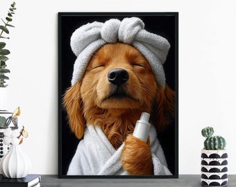 May include: A golden retriever dog wearing a white towel on its head and a white robe. The dog is holding a white bottle of lotion in its paw and has its eyes closed. The dog is looking relaxed and pampered.