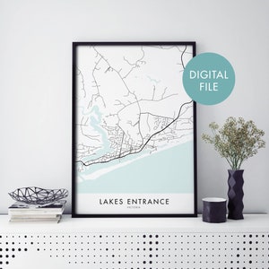 Entrada a los lagos, Victoria, Australia Mapa de la ciudad Imprimir arte mural / Imprimir en casa / Descargar archivo digital