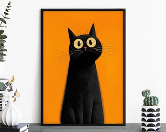 Amber Whiskers, Colorful Cartoon Black Cat Print Wall Art | A4 A3 A2 A1