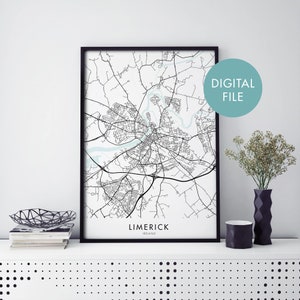Limerick, Irlanda Mapa de la ciudad Imprimir arte mural / Imprimir en casa / Descargar archivo digital