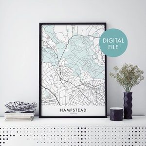 Hampstead, Londres, Inglaterra Arte del Reino Unido, City Map Print Wall Art / Print At Home / Digital Download File