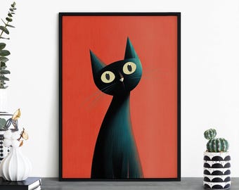Scarlet Whiskers, Colorful Cartoon Black Cat Print Wall Art | A4 A3 A2 A1
