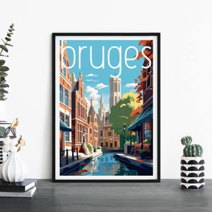 Brujas, Bélgica, Arte de pared ilustrativo de láminas de viajes, 4 x 6 5 x 7 A4 A3 A2 A1