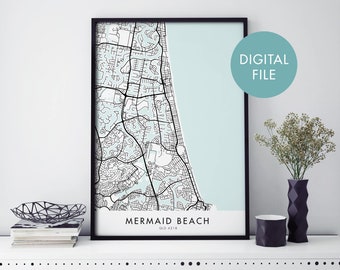 Mermaid Beach, Gold Coast, Australia City Map Print Wall Art / Print At Home / Digital Download File