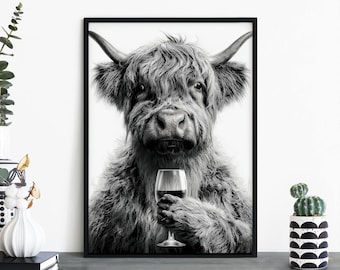 Wine Bovine, Highland Cow Holding Wine Glass Print Wall Art | A4 A3 A2 A1