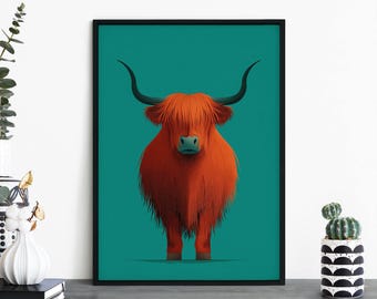 Teal Highland Cow, Colorful Cartoon Highland Cow Print Wall Art | A4 A3 A2 A1