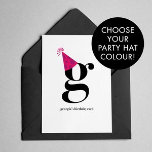 Personalized Party Hat Birthday Card - Contemporary Minimalist - Name & Letter on Front
