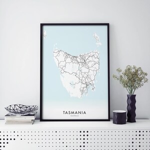 Tasmania, Australia, TAS, mappa stradale statale stampa artistica da parete / A4 A3 A2 A1