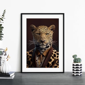 May include: A framed print of a leopard wearing a brown suit with a gold chain and a bow tie. The leopard has a serious expression and is looking directly at the viewer.
