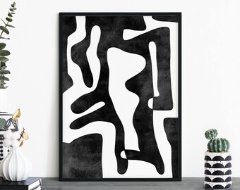 Op de afbeelding: Zwart-witte abstracte kunstprint met een geometrisch ontwerp van gebogen lijnen en vormen. De print is ingelijst in een zwart frame.