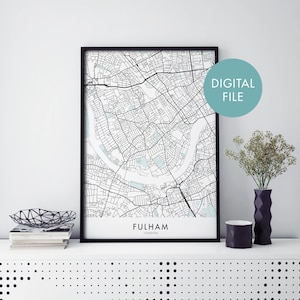 Fulham, Londres, Inglaterra Arte del Reino Unido, City Map Print Wall Art / Print At Home / Digital Download File