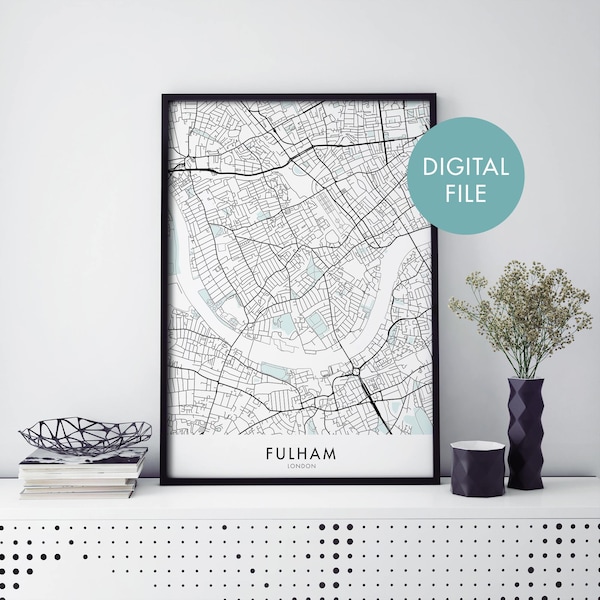 Fulham, Londres, Inglaterra Arte del Reino Unido, City Map Print Wall Art / Print At Home / Digital Download File