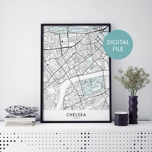 Chelsea, Londres, Inglaterra Arte del Reino Unido, City Map Print Wall Art / Print At Home / Digital Download File