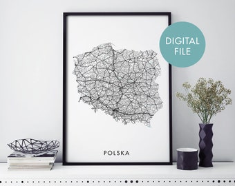 Polska, Poland Road Map Print Wall Art | Print At Home | Digital Download File