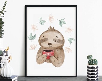 Morning Sloth Poster Print Wall Art | Childrens Kids Boys Girls Nursery Bedroom | A4 A3 A2 A1