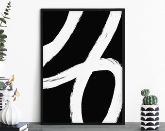 Op de afbeelding: Zwart-witte abstracte kunstprint met dikke witte penseelstreken op een zwarte achtergrond. De print is ingelijst in een zwart frame.