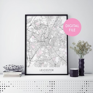 Leicester, Inglaterra Mapa de la ciudad del Reino Unido Print Wall Art / Print At Home / Digital Download File
